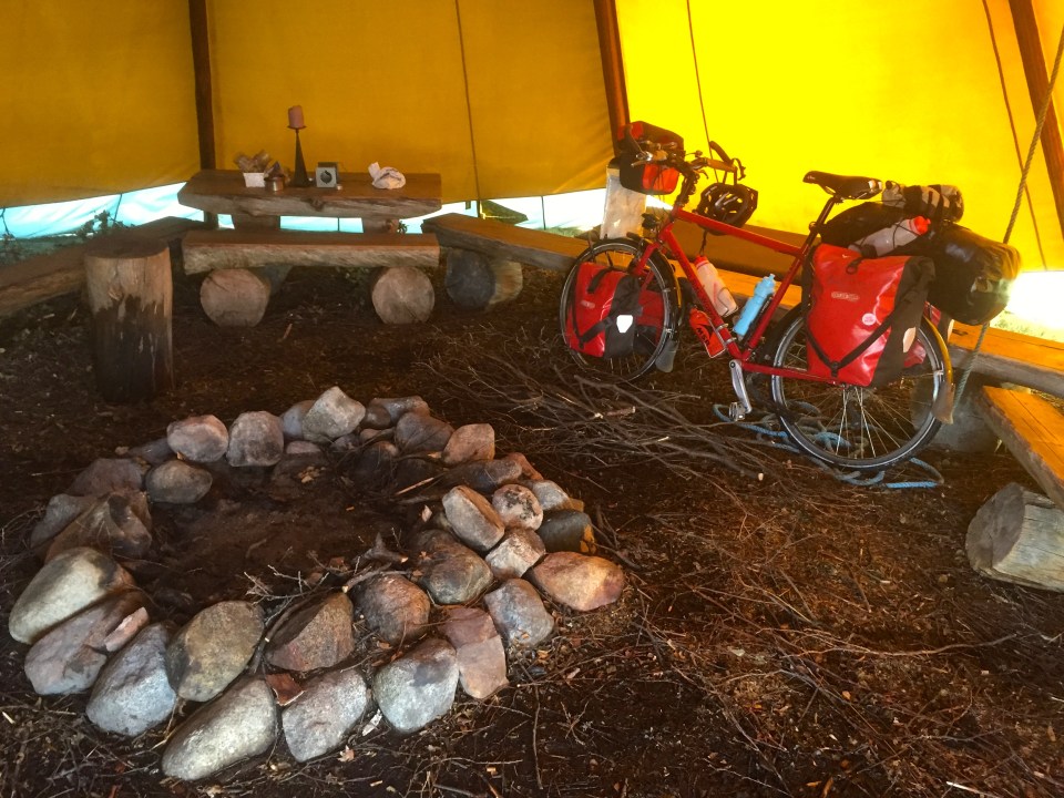 Inside the tipi - pretty snug, and room for Smaug too