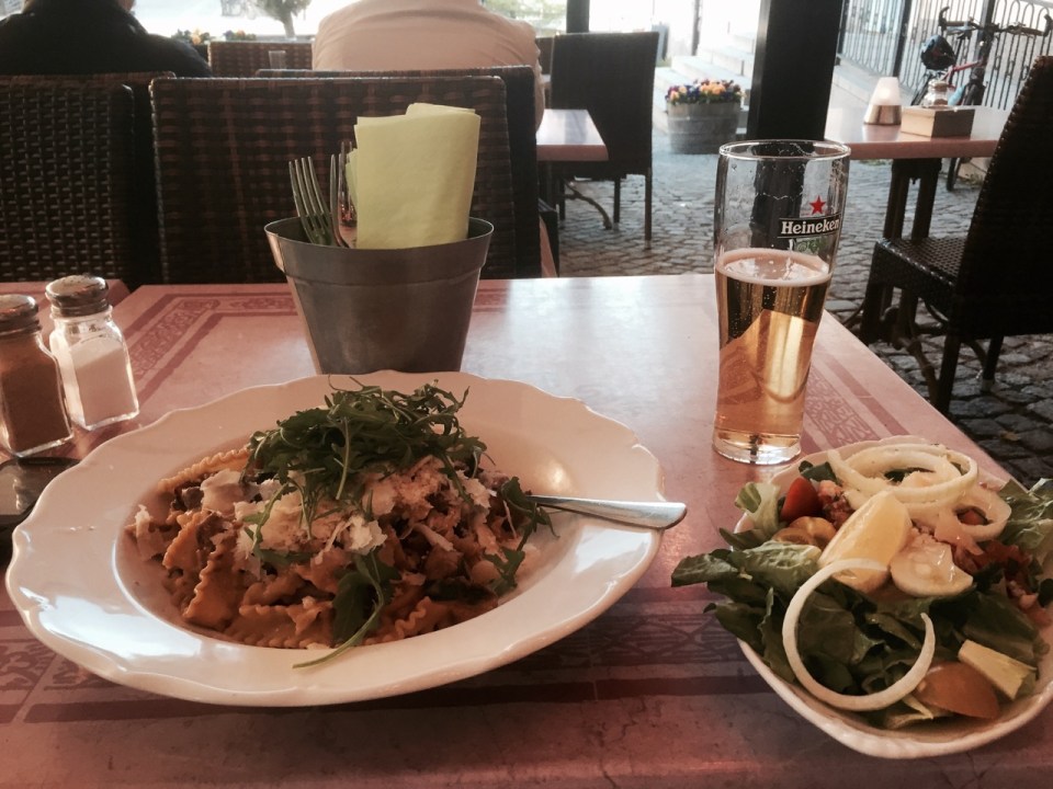 Main course - homemade pasta with beef, chilli, and mushrooms, extremely tasty