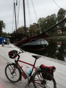 Biking back to campsite, nice boat