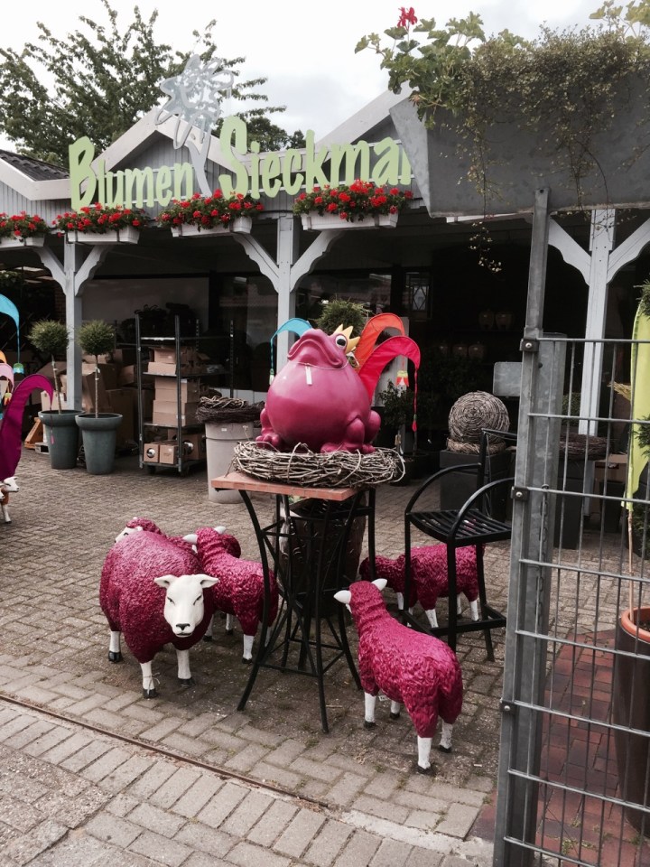 German garden ornaments, not quite gnomes, but purple sheep are, urr, interesting