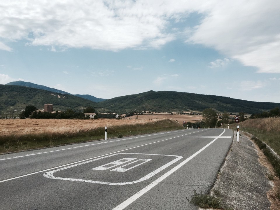 Road fairly quiet, but with occasional heavy trucks hurtling along