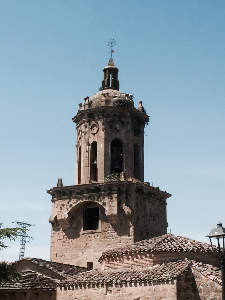 Church in Puente la Reina, with storks