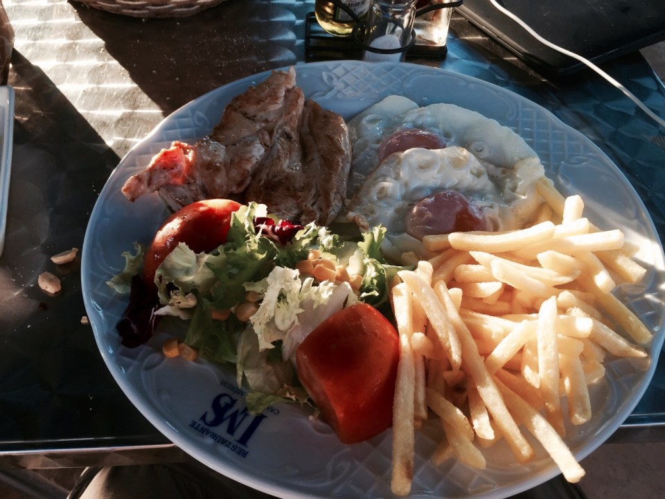 Standard campsite menu - chicken or pork, chips, eggs and salad