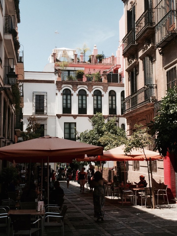 Lovely shaded street with restaurants, Seville
