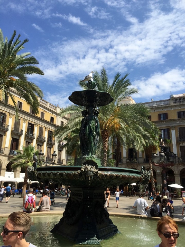 Placa Reial - seagull atop fountain