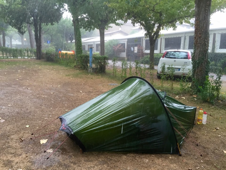 Tent up just prior to torrential rain