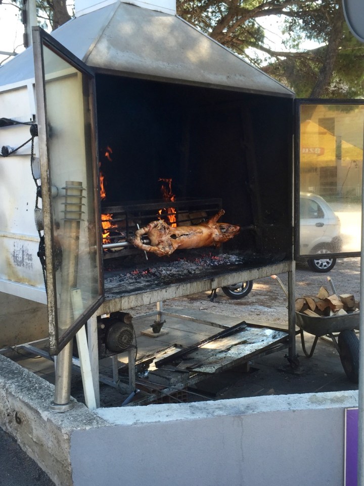 Pg being spit roasted, in Vodice, on the way to Sibenik