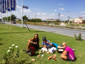 Lunch break on a nice grassy patch, next the busy road