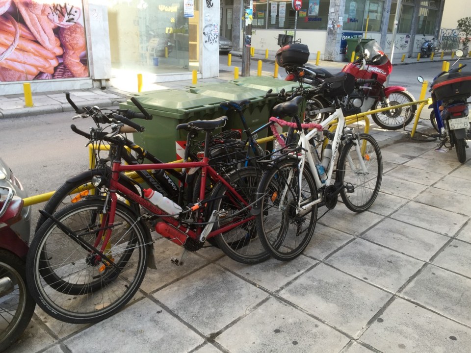 Bikes locked up in an ingenious bike lock puzzle type fashion