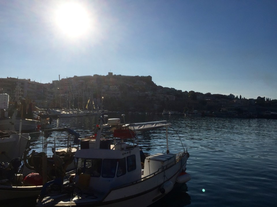 Kavala harbour, castle, and fishing boats