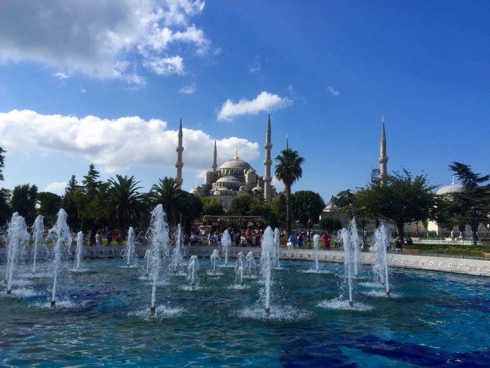 Fountains near Roxelana baths and view to Blue Mosque