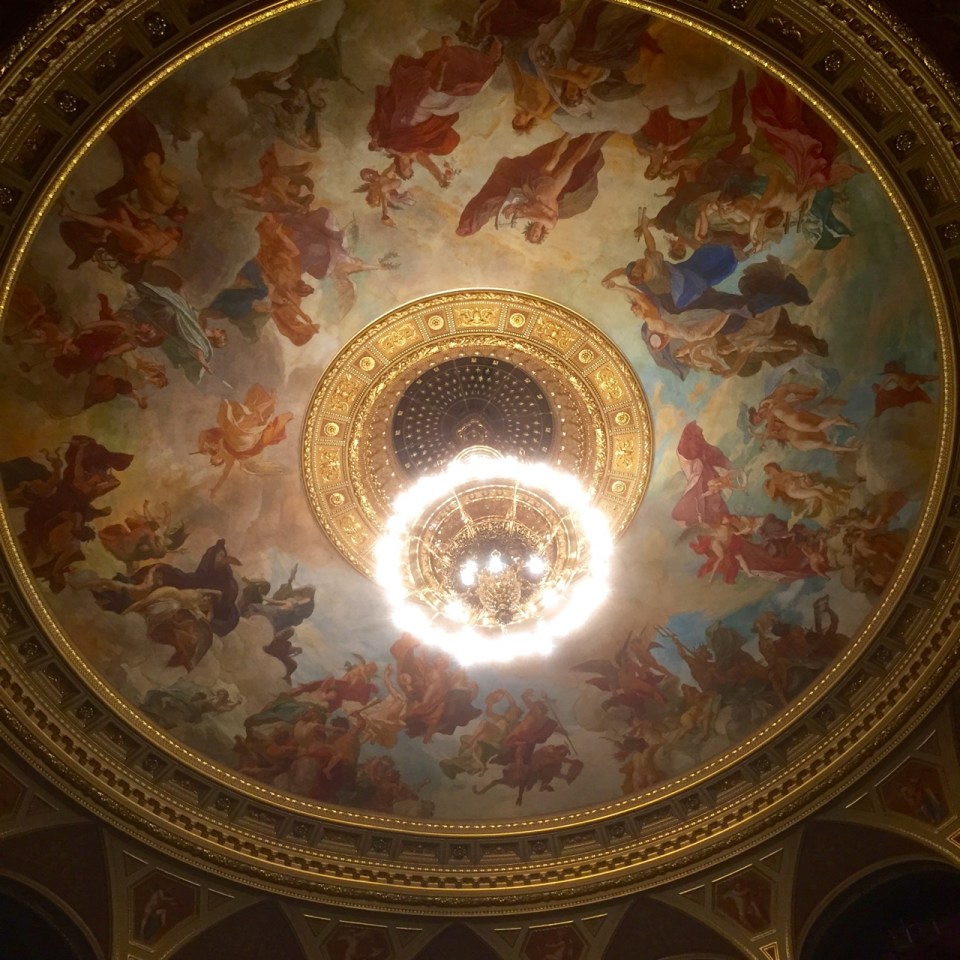 Auditorium ceiling fresco and chandelier