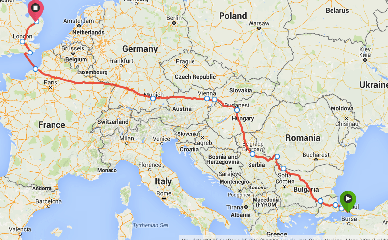 Intended route from Istanbul to Norwich