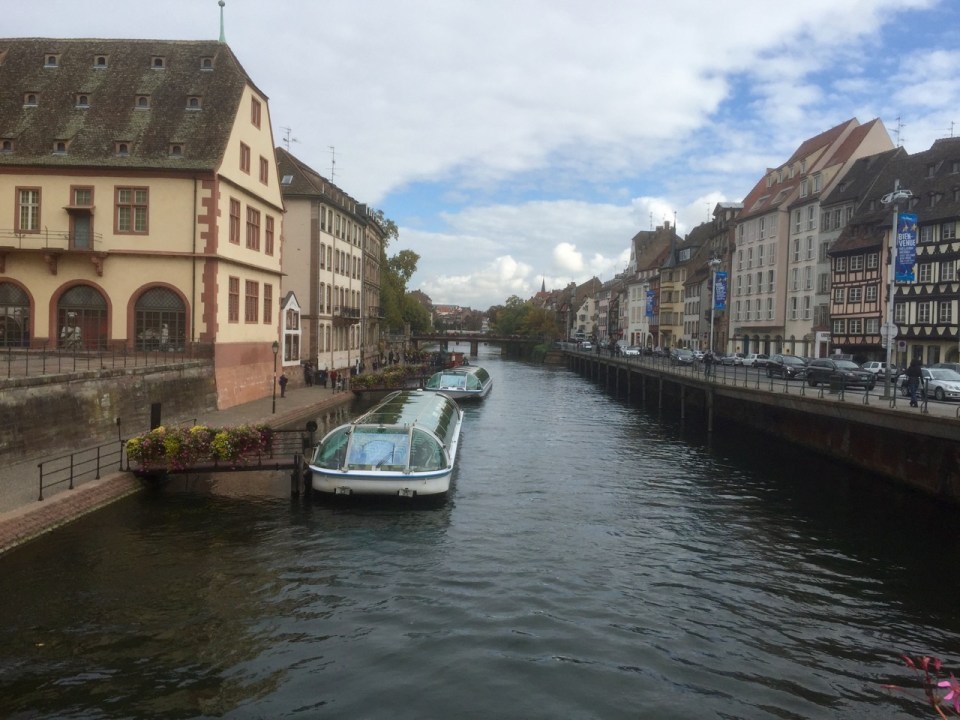 Crossing canal over to the old city of Strasbourg