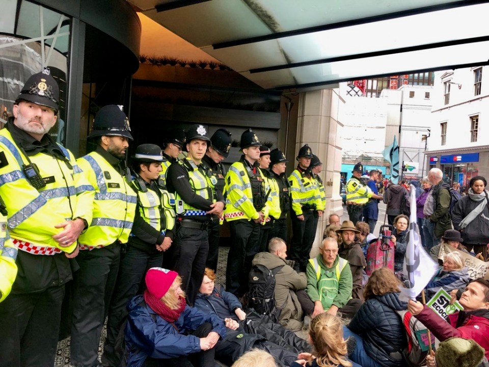 Norwich Rebels block Andaz hotel entrance