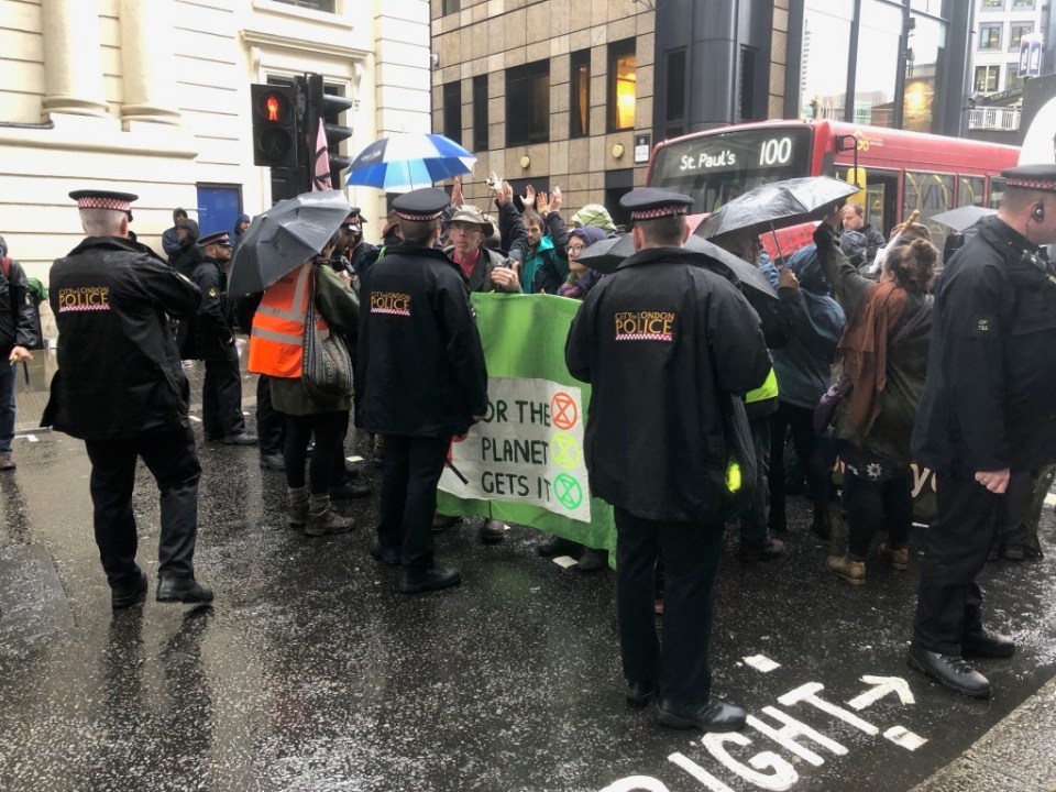 Road blocks in place at the start of the 'Banking on Breakdown' day of action