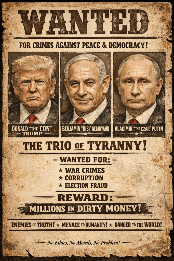 Wanted, the Trio of Tyranny - Trump, Netanyahu, Putin, for war crimes, corruption, election fraud.