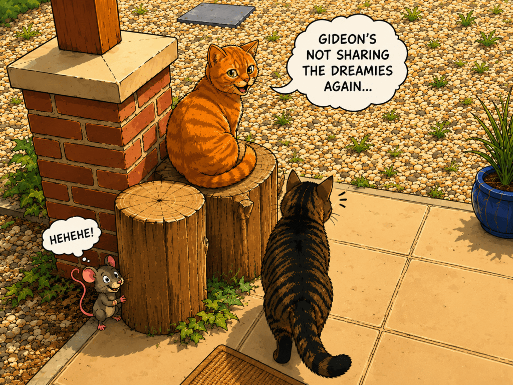 Gideon hanging out in the porch with his mate Ginge. Gideon is not sharing his dreamies.