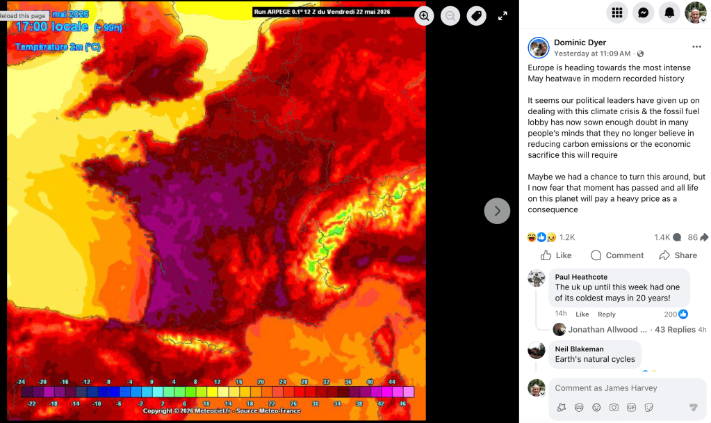 Heat map of Europe, with comments about climate crisis and emissions.
